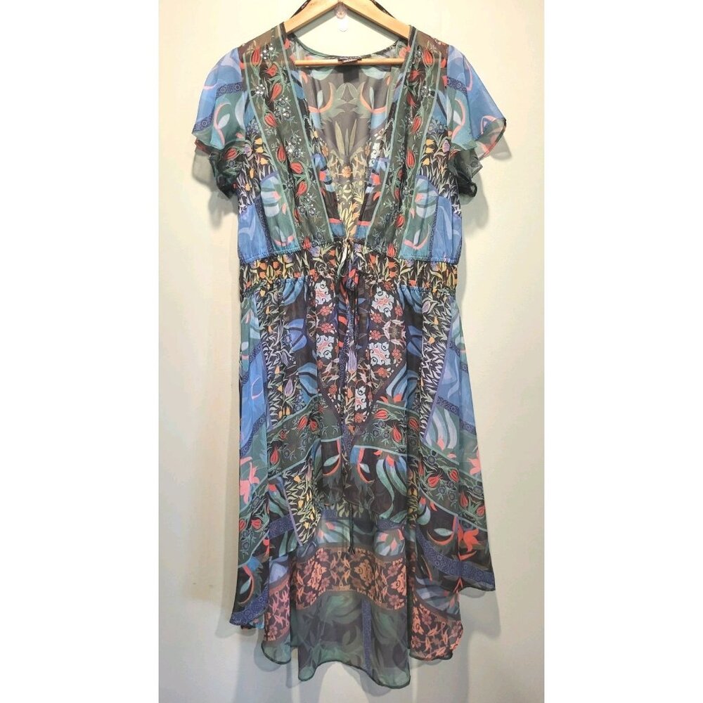Sheer Flutter Sleeve Tie Waist Hi Lo Kimono Blue Green Fairy Boho Sequins Sz 14